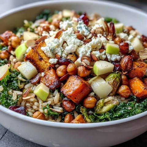 Fall Harvest Bowl with roasted sweet potatoes, kale, and crisp apples topped with toasted almonds.