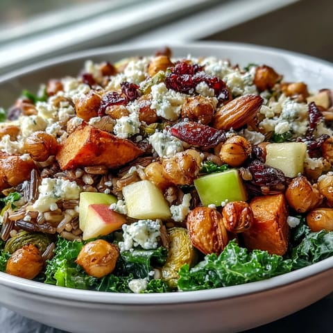 This vibrant Fall Harvest Bowl features roasted sweet potatoes, Brussels sprouts, and creamy feta over wild rice.