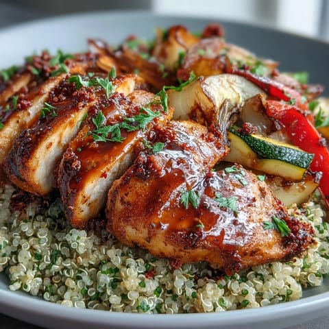 Rose harissa drizzles over tender paprika herb chicken with roasted veggies and quinoa, garnished with fresh parsley and lemon.