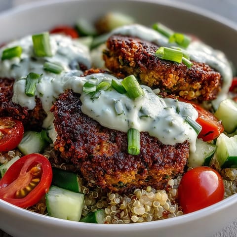 A hearty, vegetarian Falafel Quinoa Salad Bowl for lunch, featuring crisp chickpea patties, fresh veggies, and a rich sesame dressing with lemon.
