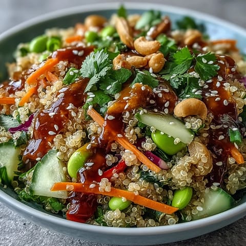 A vibrant Thai Coconut Quinoa Bowl topped with crisp vegetables and fresh cilantro garnish.