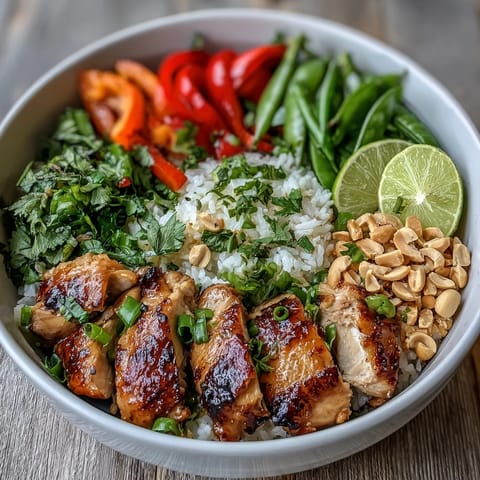 Thai Chicken Coconut Bowl with creamy rice, tender chicken, and crisp vegetables, garnished with peanuts and fresh herbs.