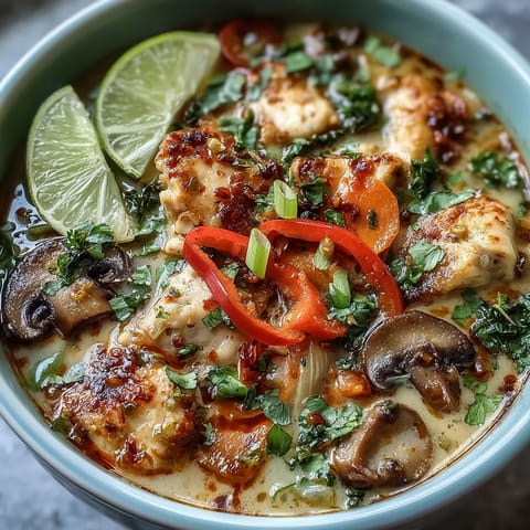 Steaming Thai Coconut Curry Soup Bowl with tender chicken, sweet carrots, and mushrooms in a rich red curry coconut broth.