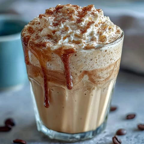 Creamy Vanilla Bean Frappuccino Protein Shake with whipped cream and cinnamon topping