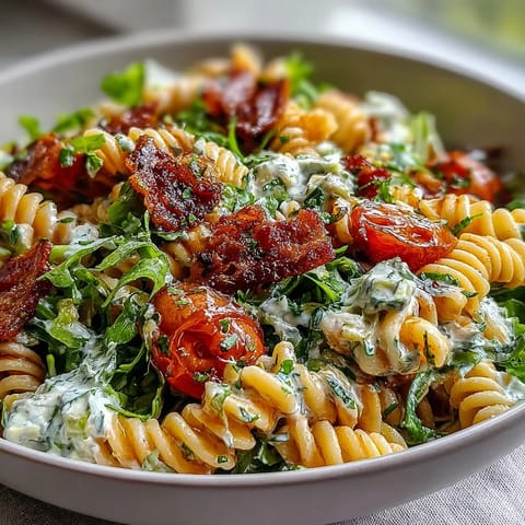 A vibrant BLT pasta salad with bacon, avocado, and cherry tomatoes, perfect for summer gatherings.