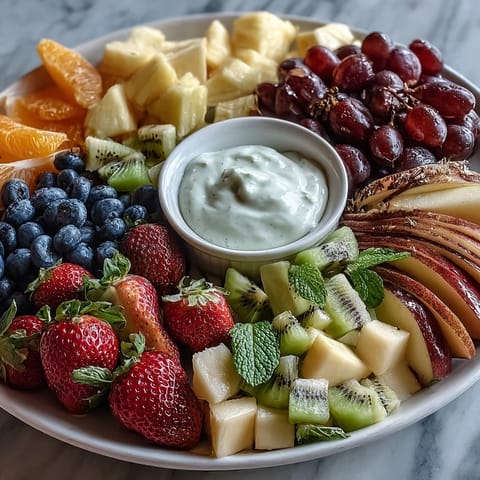 Fresh and colorful spring fruit platter arranged with pineapple, grapes, and apple slices alongside honey-yogurt dipping sauce.  