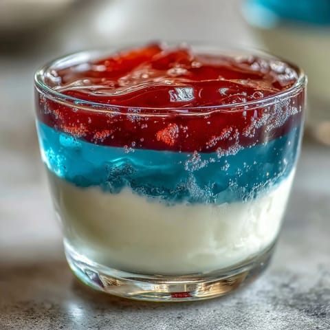 Vibrant red, white, and blue layered Jello cups, perfect for patriotic parties and summer celebrations.