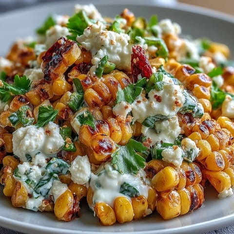 Mexican Street Corn Salad in a bowl, creamy with Cotija cheese, lime, and chili powder, served with fresh cilantro.