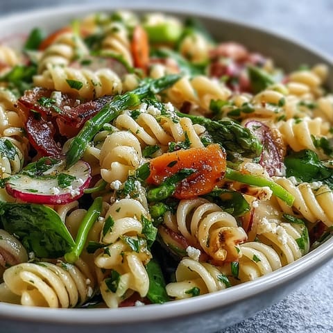 Spring pasta salad with lemon vinaigrette and radishes, fresh vegetables tossed with al dente pasta and zesty citrus dressing.