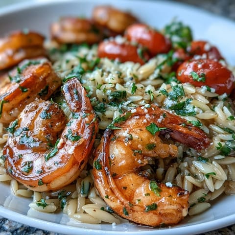 Vibrant one-pan lemon butter shrimp and orzo with cherry tomatoes and zucchini in a creamy, zesty sauce.