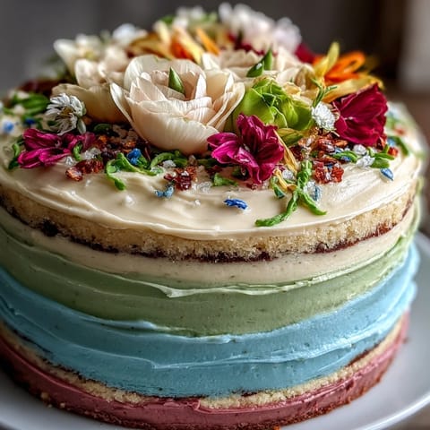 Beautiful pastel ombre spring cake with soft pink, yellow, and green layers, crowned with fresh edible flowers.  
