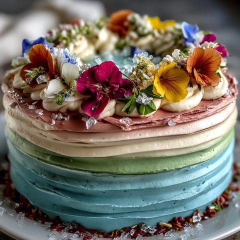 Delicate layer cake featuring gradient pastel hues and a stunning edible floral topper, perfect for spring celebrations.  