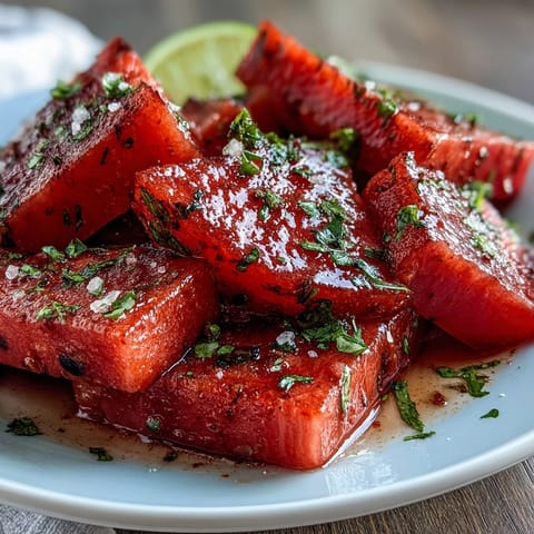 Colorful watermelon wedges topped with zesty Tajin and tangy lime, perfect for a refreshing snack at picnics or beach outings.