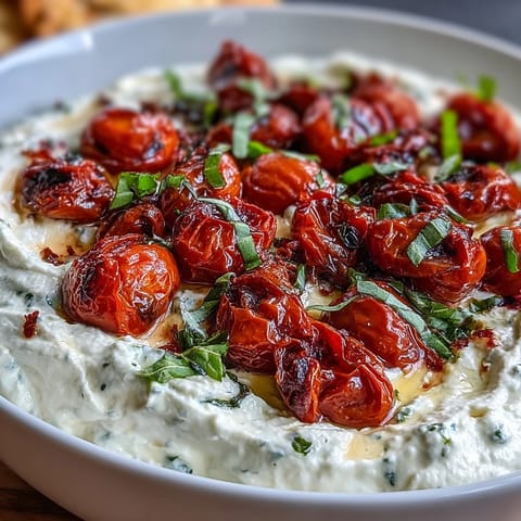 Whipped feta dip with roasted cherry tomatoes, creamy and tangy, served with warm pita bread and fresh basil.