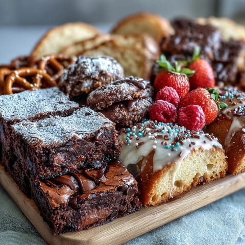 Celebrate graduation with a vibrant dessert board featuring cake slices, cookies, and brownie bites, garnished with berries and marshmallows.