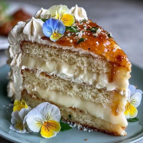 Mother's Day Lemon Curd Layer Cake: bright, fluffy layers adorned with fresh edible flowers.