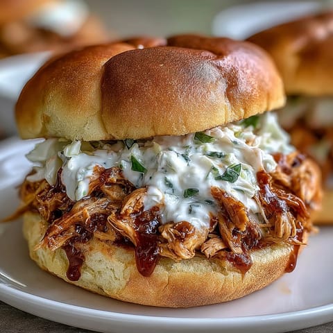 Tender smoked pulled chicken sandwiches generously topped with creamy white BBQ sauce.