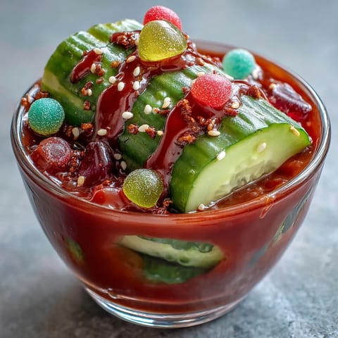 Tangy Chamoy Pickle Cup snack, a vibrant layered viral treat bursting with sweet and spicy flavor.