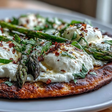 Roasted Asparagus Flatbread with Burrata, a delicious appetizer topped with creamy cheese and lemon.