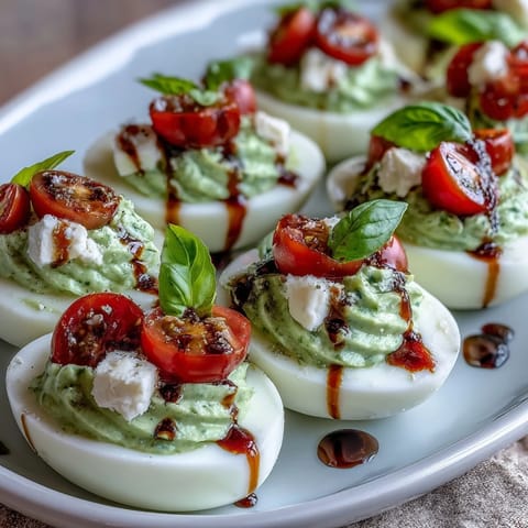 Caprese Deviled Eggs topped with tomatoes and mozzarella, bursting with fresh herb flavor.