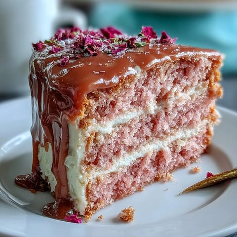 Elegant pink Bridal Shower Rosé Velvet Cake with shimmering gold drip.