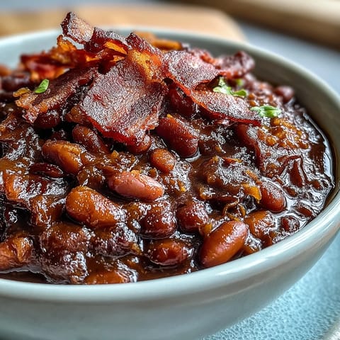 Slow-cooked Juneteenth BBQ Baked Beans with bacon, a rich molasses aroma wafting.