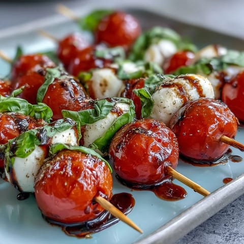 Juicy Caprese Skewers appetizer with balsamic drizzle, perfect for light party bites.