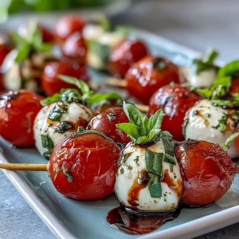 Colorful Caprese Skewers appetizer, vividly arranged with a sweet balsamic glaze.