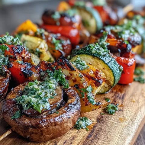 Bright grilled veggie kabobs with fresh chimichurri, a smoky, flavorful summer picnic delight.