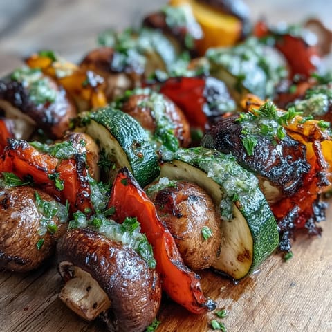 Zesty chimichurri sauce generously coats colorful grilled veggie kabobs, ready to serve.
