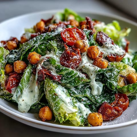 Vegan Caesar Salad with crispy chickpea croutons, creamy dressing, and fresh romaine.