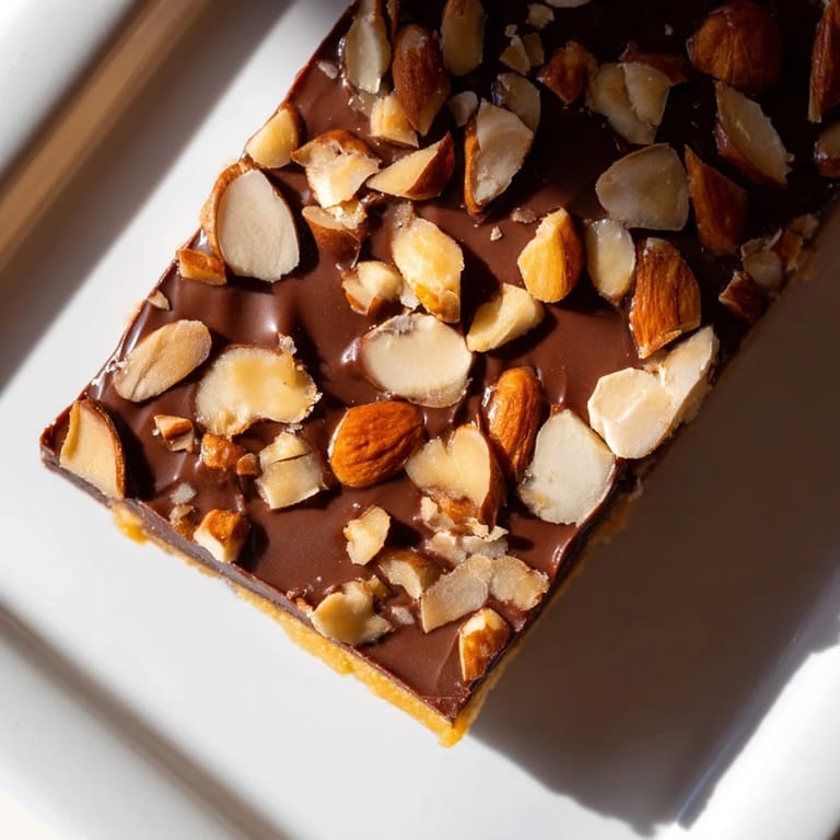 Close-up of freshly made English toffee, glistening with chocolate and ready to break.