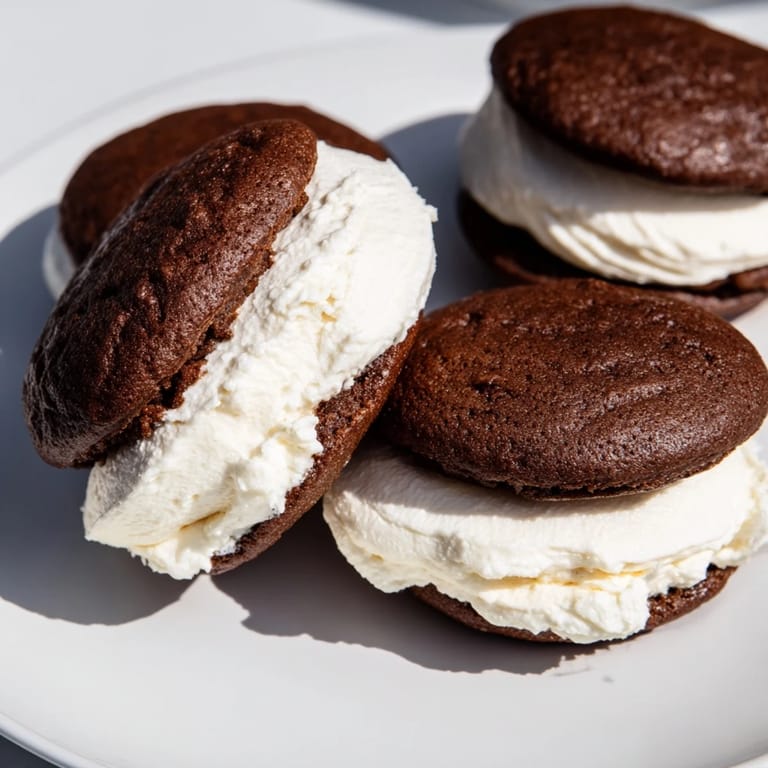 Close-up shot showing the perfect texture of chocolate Whoopie Pies with sweet cream.