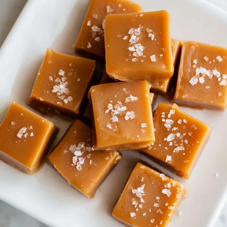 Golden, glistening Sea Salt Caramels, ready to be cut and wrapped after cooling on a baking pan.