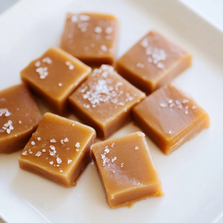Close-up of freshly cut Sea Salt Caramels with sea salt crystals sparkling on their surfaces.