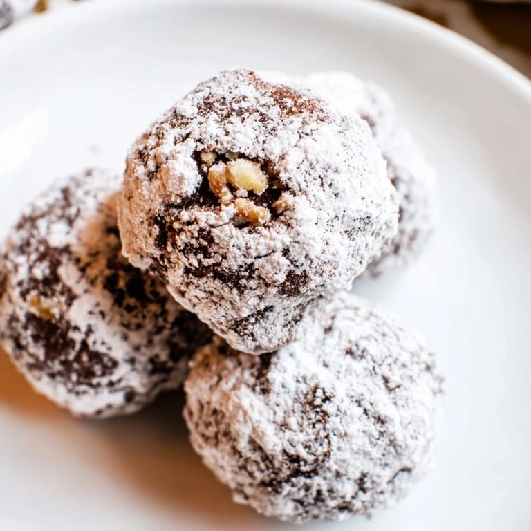 Sweet, fudgy Mud Balls with a light dusting of powdered sugar, perfect for a quick dessert.