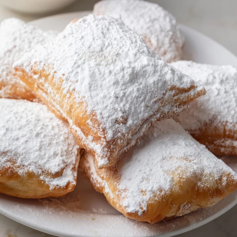 These homemade beignets are perfectly square, piled high, a classic American dessert.