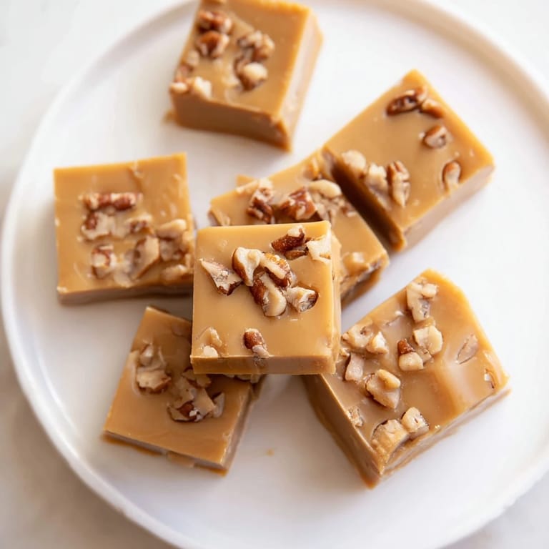 Close-up of golden Penuche Fudge with chopped walnuts, ready to melt in your mouth.