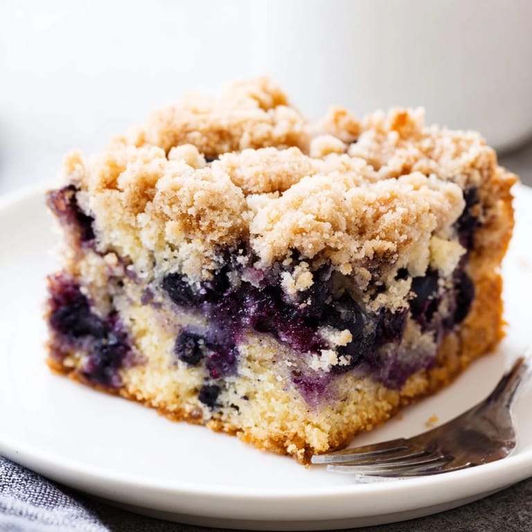 A generous slice of Blueberry Buckle, a tender coffee cake, ready to serve and enjoy.