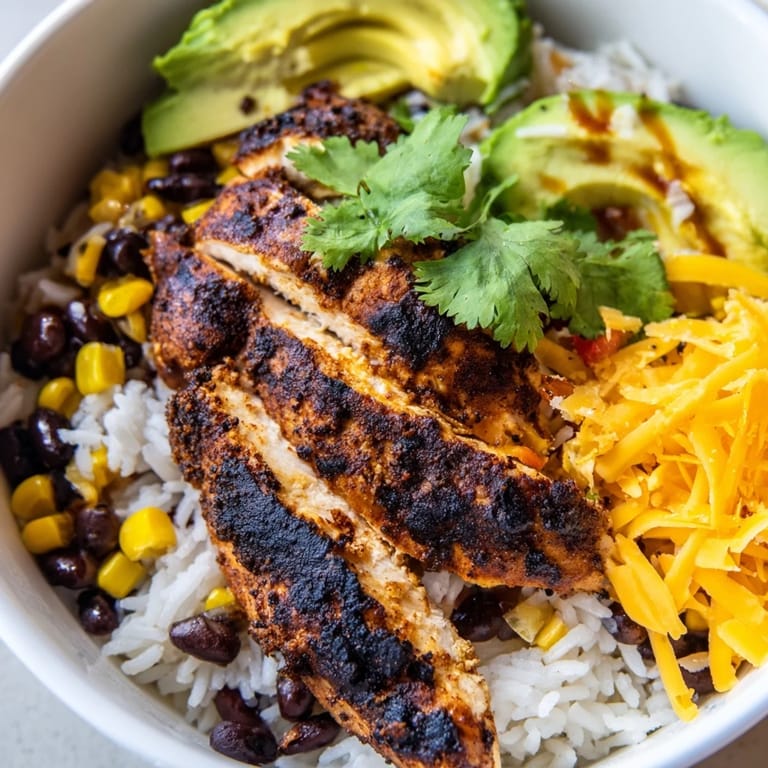 Easy homemade Spicy Chicken Burrito Bowl layered with beans, rice, cilantro, and diced tomatoes for a satisfying weeknight meal.