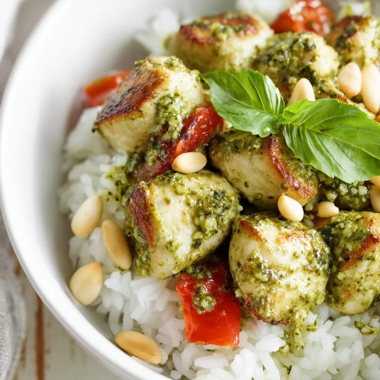 Juicy tomato chunks and tender basil pesto chicken create a comforting bowl, garnished with fresh leaves for color.