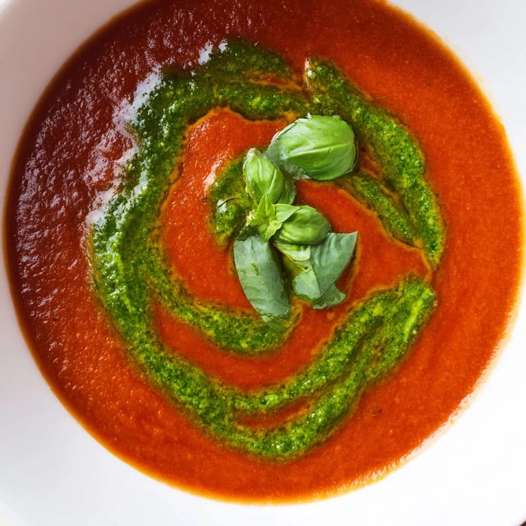 A bowl of velvety tomato soup garnished with a vibrant swirl of fresh basil pesto.