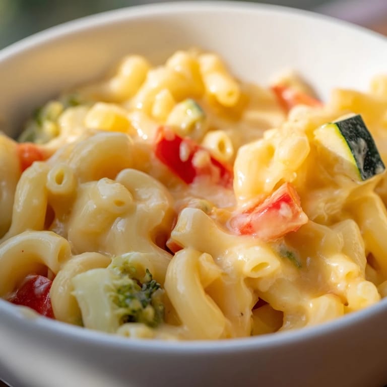 Hearty Roasted Veggie Mac & Cheese in a warm baking dish, topped with melted cheddar and vibrant caramelized vegetables.  
