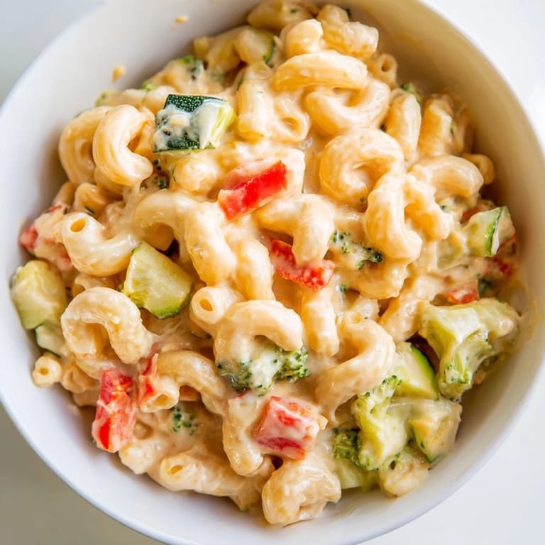 Steaming Roasted Veggie Mac & Cheese served in a rustic bowl, showcasing tender broccoli florets and cherry tomatoes in rich sauce.