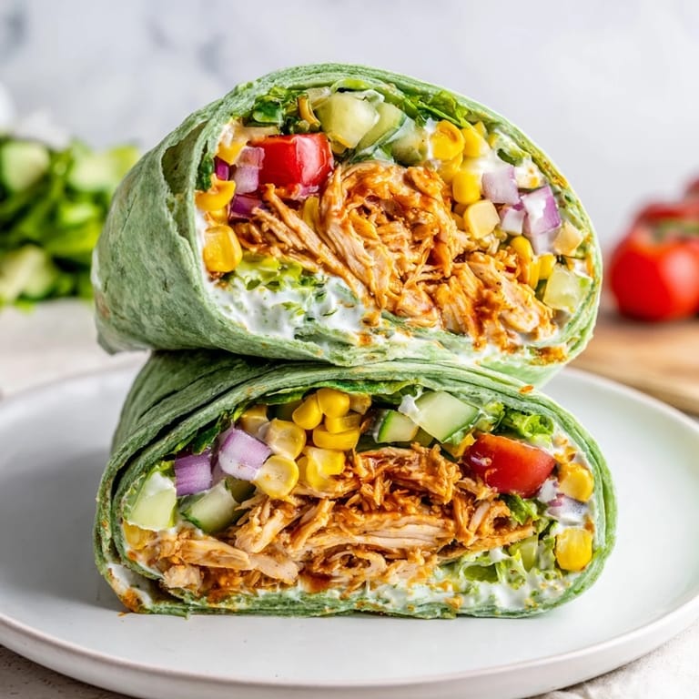 A close-up of a halved BBQ Chicken Salad Wrap, revealing juicy chicken tossed in creamy dressing alongside crunchy romaine and cherry tomatoes.