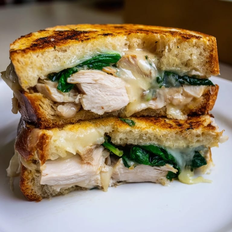 Sliced Grilled Chicken Spinach Panini served on a wooden board, revealing layers of melty cheese and savory grilled chicken.