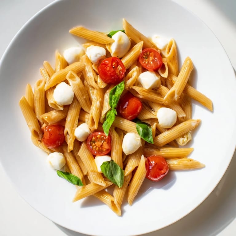 Serving the fresh Caprese Salad Pasta chilled, this light Italian-inspired dish features torn basil leaves and a drizzle of balsamic glaze for a sweet finish.