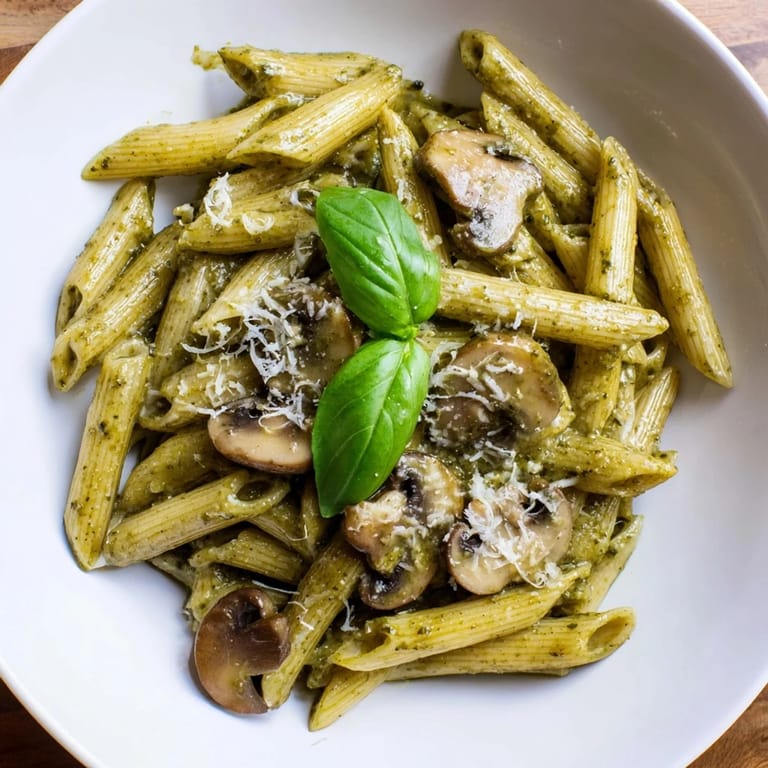Savory mushroom pesto pasta with tender cremini mushrooms and basil cream sauce, ready for a comforting dinner.