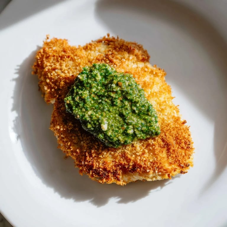 Savoring Crispy Pesto Chicken Cutlets, golden brown and juicy, served with fresh basil and lemon wedges.