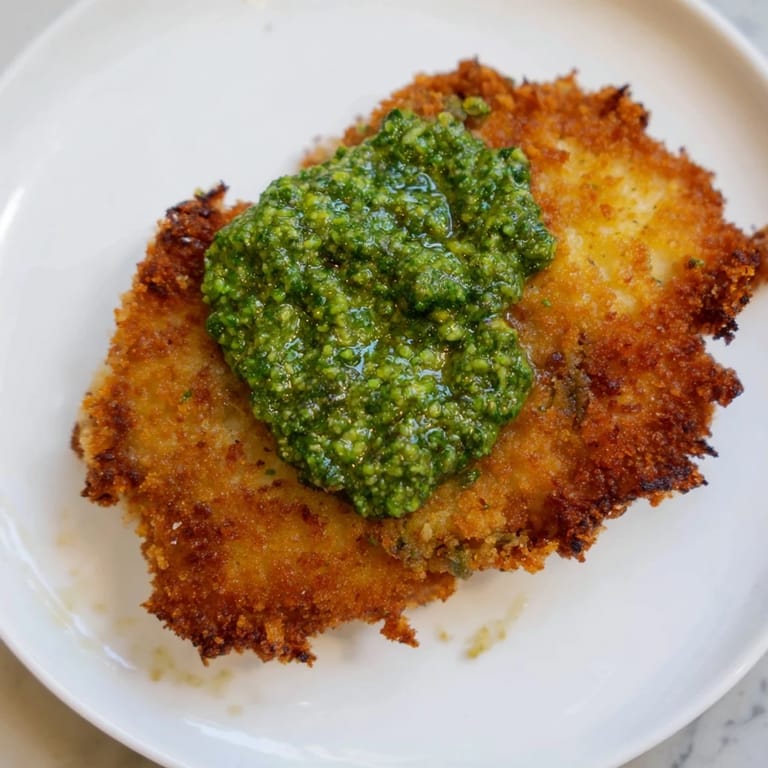 Delicious homemade Crispy Pesto Chicken Cutlets with Parmesan breadcrumbs, ready to serve alongside a fresh salad.